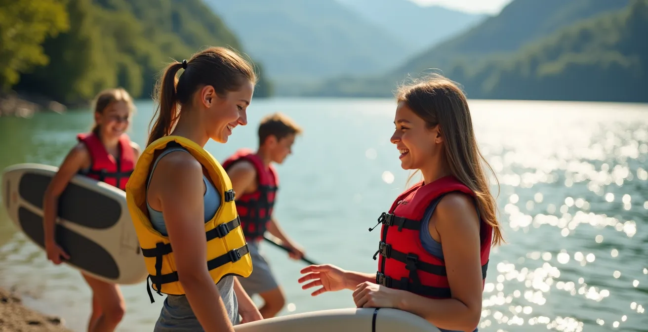 Adolescents pratiquant des activités nautiques sur un lac du Doubs