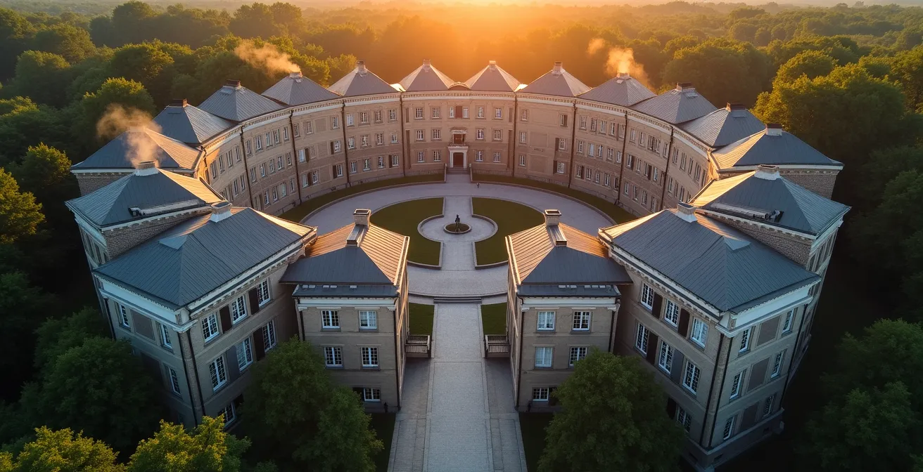 Vue aérienne de l'architecture semi-circulaire de la Saline royale avec ses bâtiments symétriques