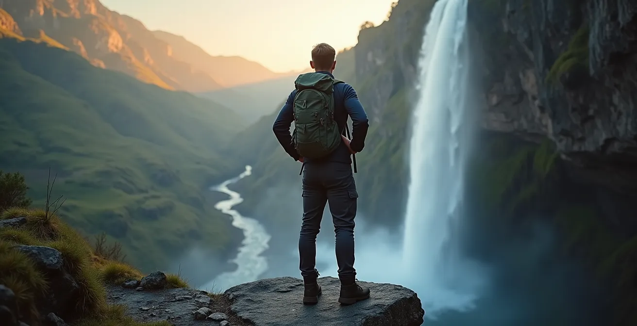Randonneur contemplant le Saut du Doubs depuis un belvédère rocheux surplombant la cascade