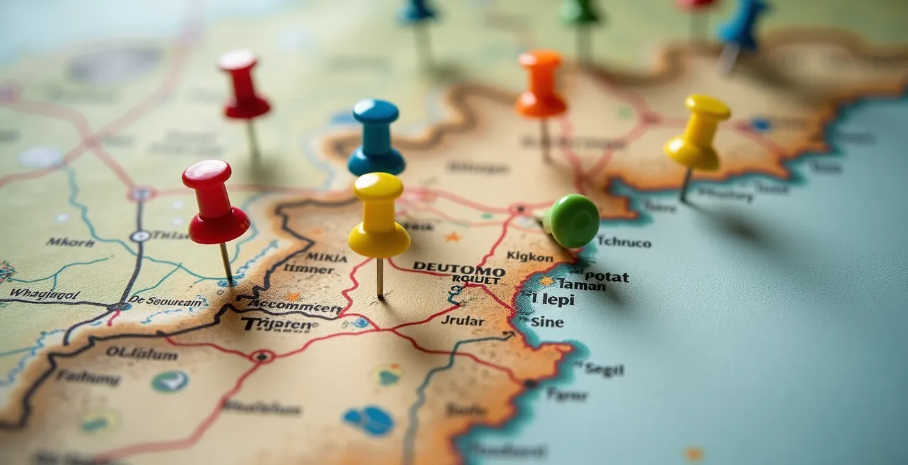 Vue macro d'une carte topographique du Doubs avec épingles marquant les hébergements