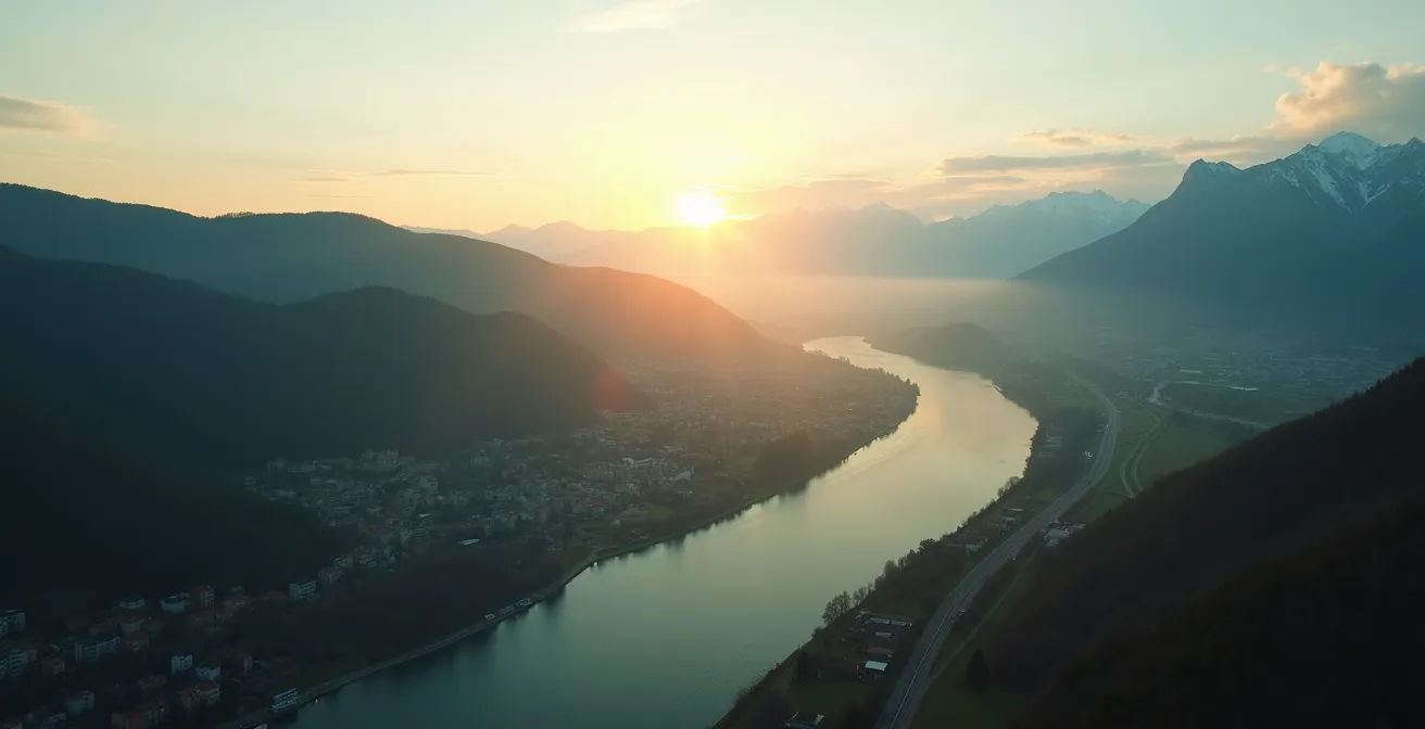 Vue aérienne montrant la position stratégique de Besançon dans la vallée et Pontarlier en altitude avec les axes routiers