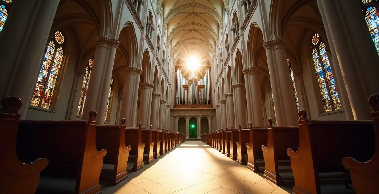 Intérieur de la cathédrale Saint-Jean de Besançon avec ses voûtes gothiques baignées de lumière colorée des vitraux