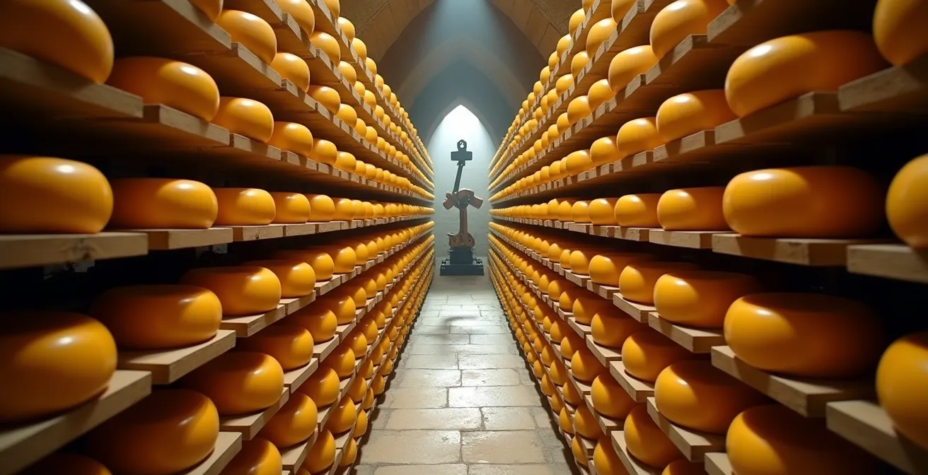 Vue des immenses caves d'affinage voûtées du Fort Saint-Antoine avec rangées de meules de Comté