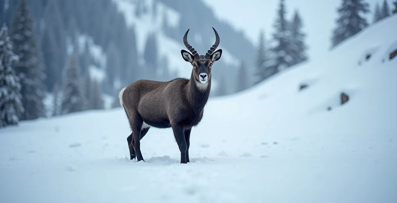 Chamois isolé dans la neige profonde sur une pente escarpée du Jura en hiver