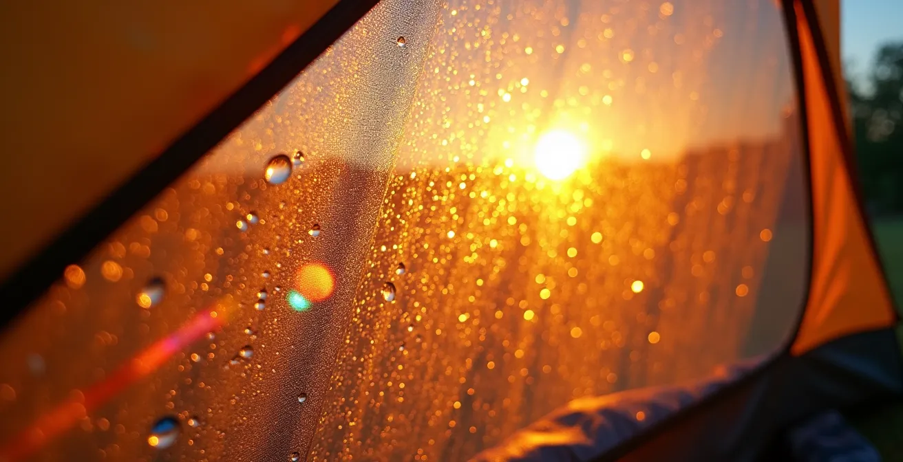 Comparaison visuelle entre l'intérieur d'une tente avec condensation et un mobil-home confortable la nuit