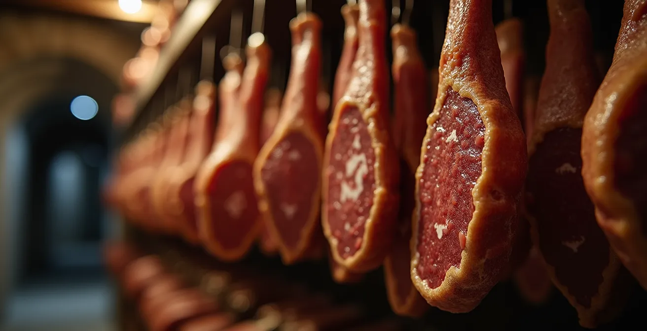 Salaisons du Jura suspendues dans une cave traditionnelle pour conservation longue