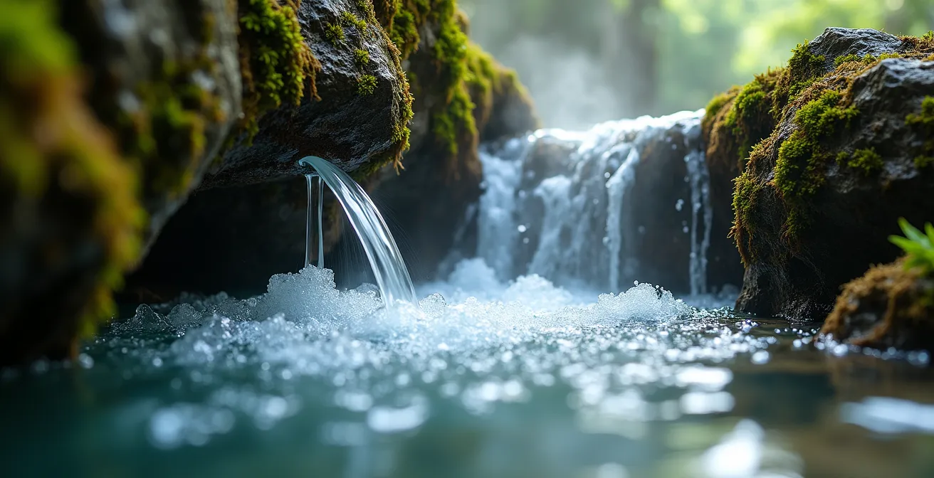 Gros plan sur une source karstique avec de la vapeur d'eau froide s'élevant dans l'air chaud d'été