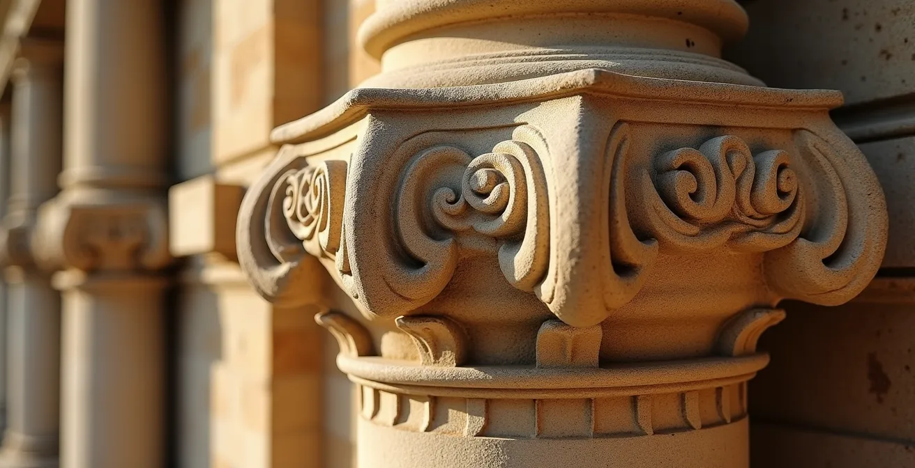 Détails architecturaux Renaissance du portail du Temple Saint-Martin avec colonnes toscanes et ornements en pierre