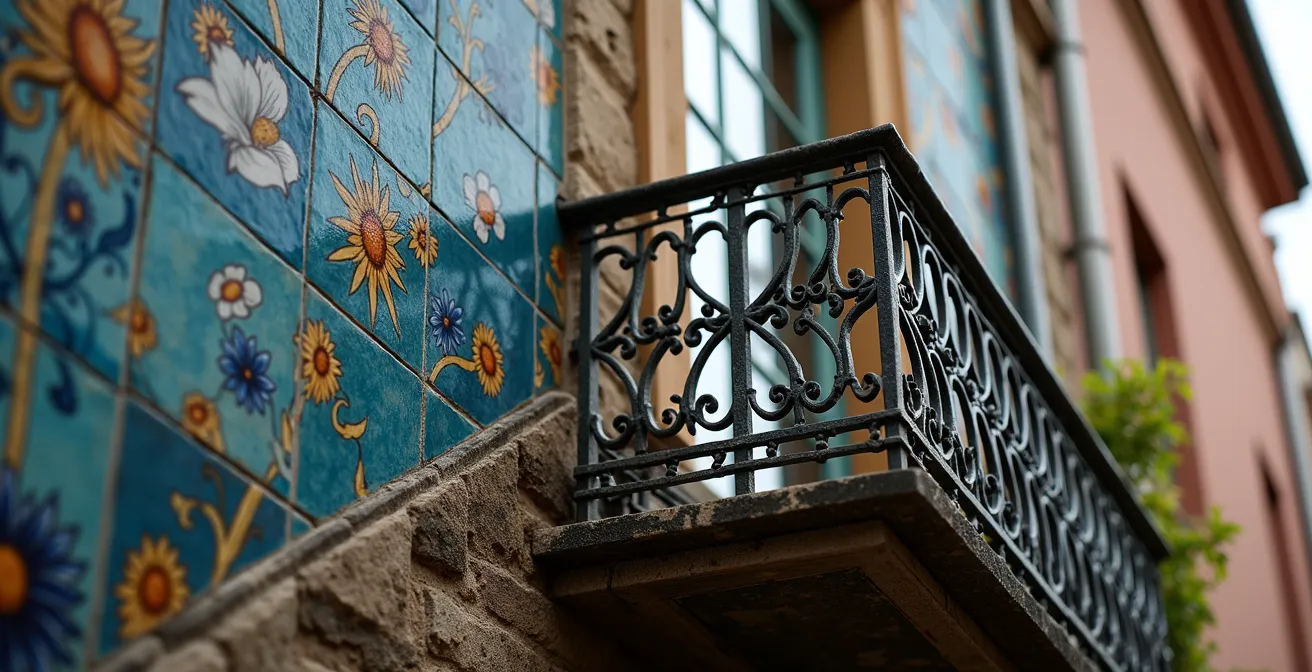 Gros plan sur les détails d'une façade Belle Époque montrant céramiques florales et balcon en fer forgé