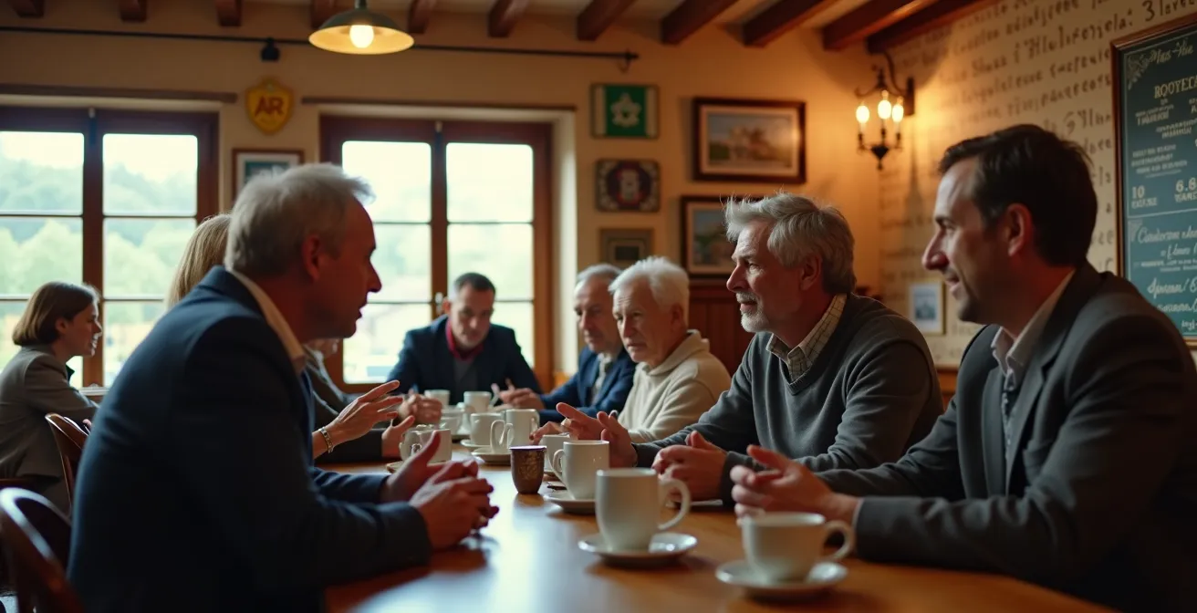 Scène chaleureuse dans un café de village du Doubs avec des habitants en conversation animée