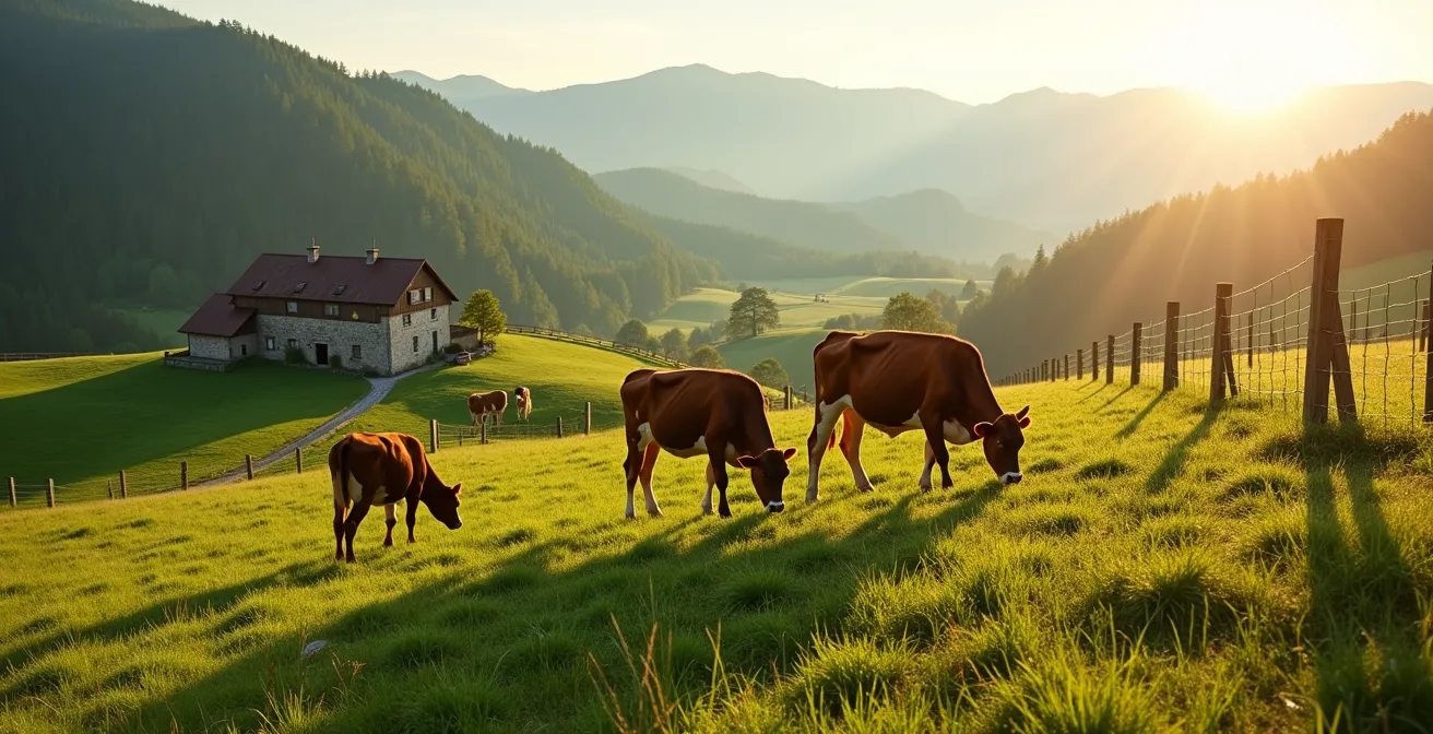 Vaches Montbéliardes paissant dans les prés du Haut-Doubs avec ferme traditionnelle en arrière-plan