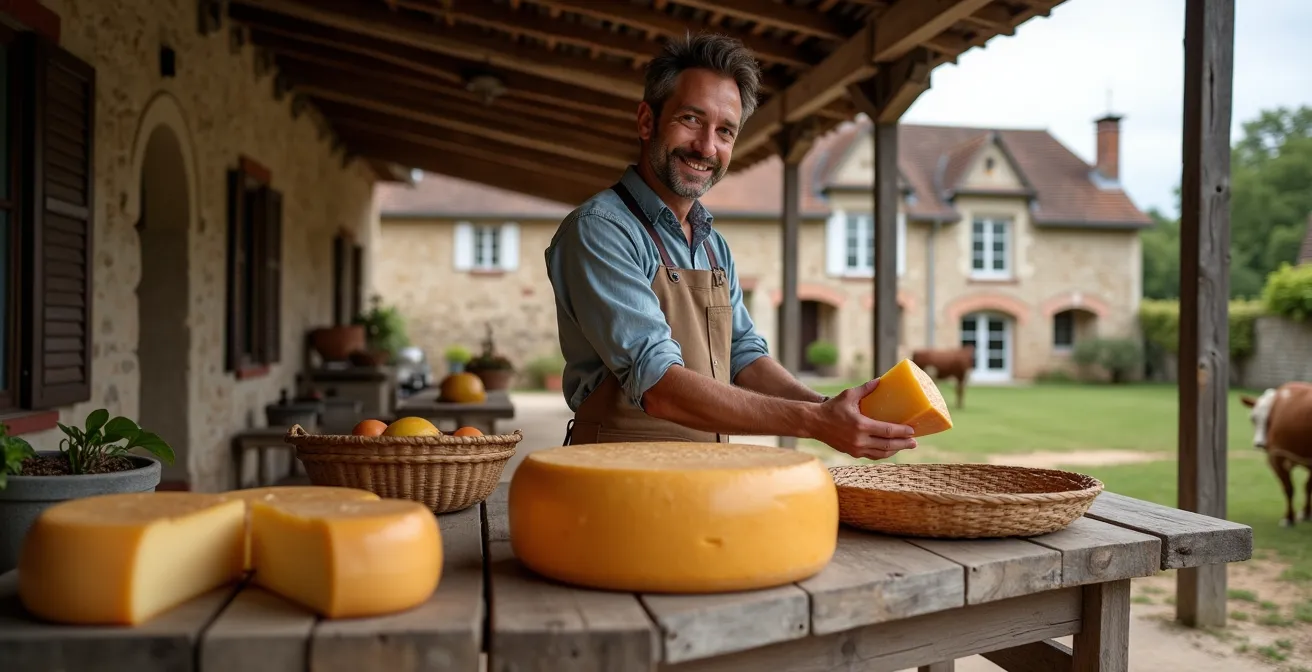 Cour de ferme comtoise traditionnelle avec panneau vente directe et fromages exposés sous auvent