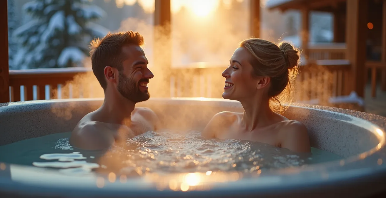 Jacuzzi privatif sous pergola bioclimatique en hiver dans le Doubs
