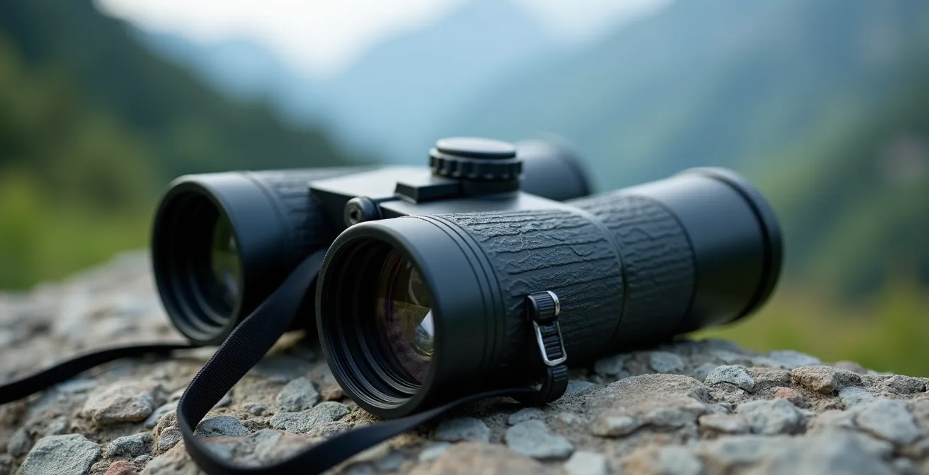 Gros plan sur des jumelles 8x42 posées sur un rocher calcaire avec vue floue sur les montagnes du Jura en arrière-plan