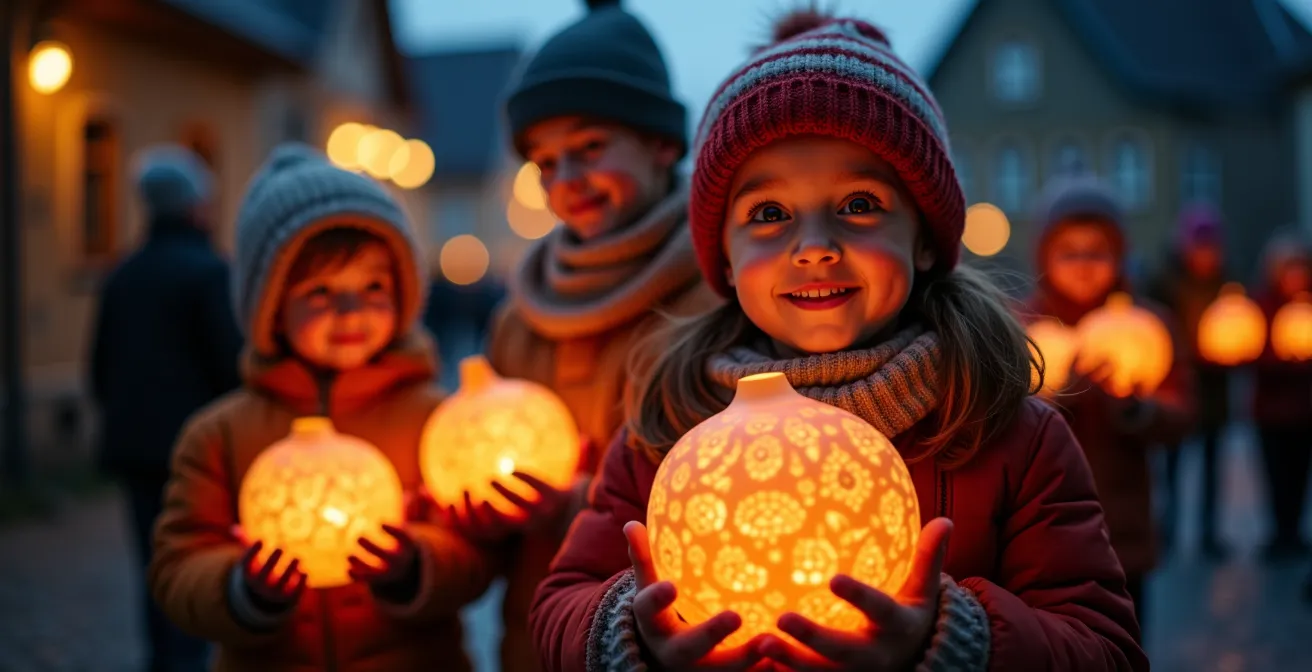 Enfants portant des lanternes sculptées dans des betteraves lors de la procession de la Saint-Martin dans les rues de Montbéliard