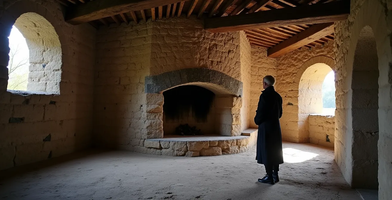 Cuisine voûtée médiévale de l'abbaye de Montbenoît avec sa grande cheminée de pierre