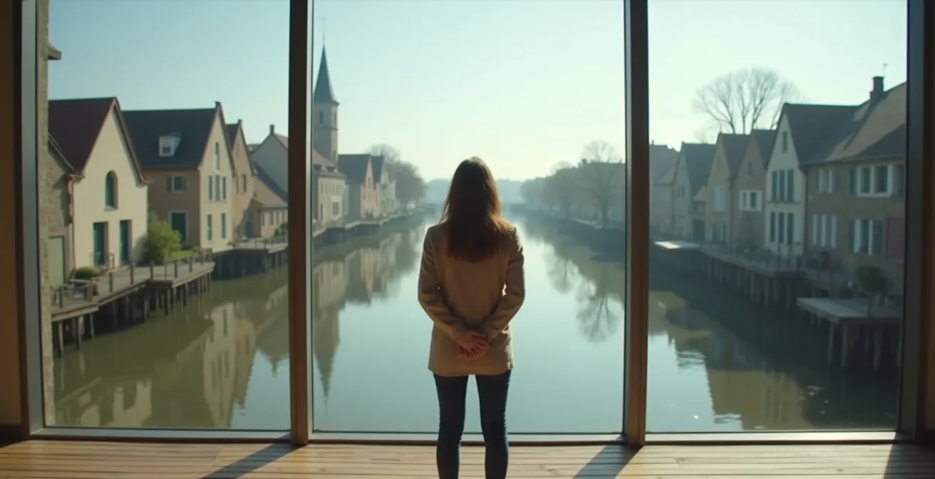 Vue architecturale du musée Courbet à Ornans avec sa passerelle de verre surplombant la Loue