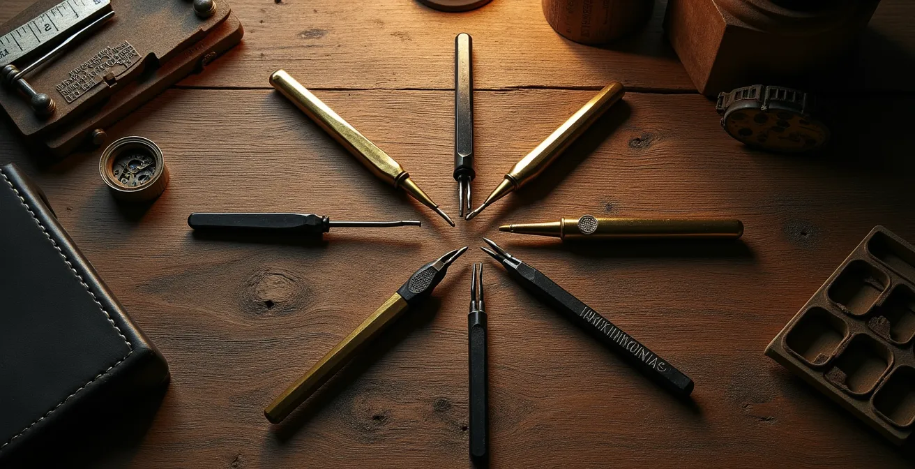 Composition artistique d'outils d'horloger traditionnels sur établi en bois