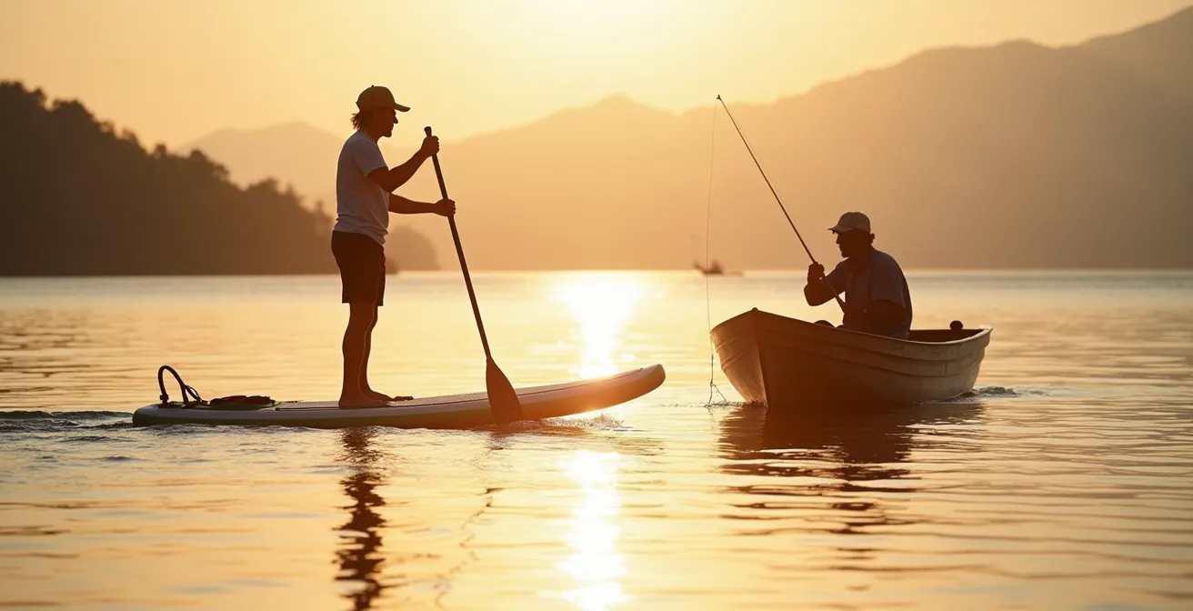 Paddleur naviguant respectueusement à distance des barques de pêcheurs sur le lac