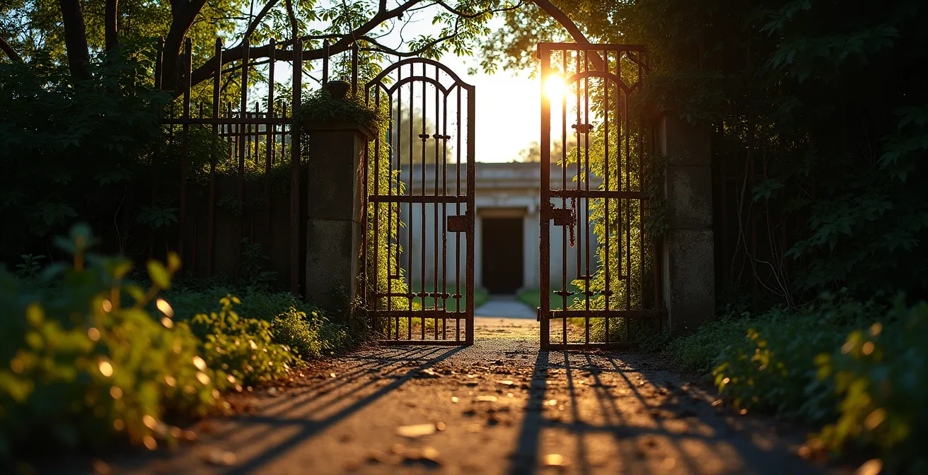 Perspective dramatique d'un portail métallique rouillé fermant l'accès à un fort, avec végétation envahissante