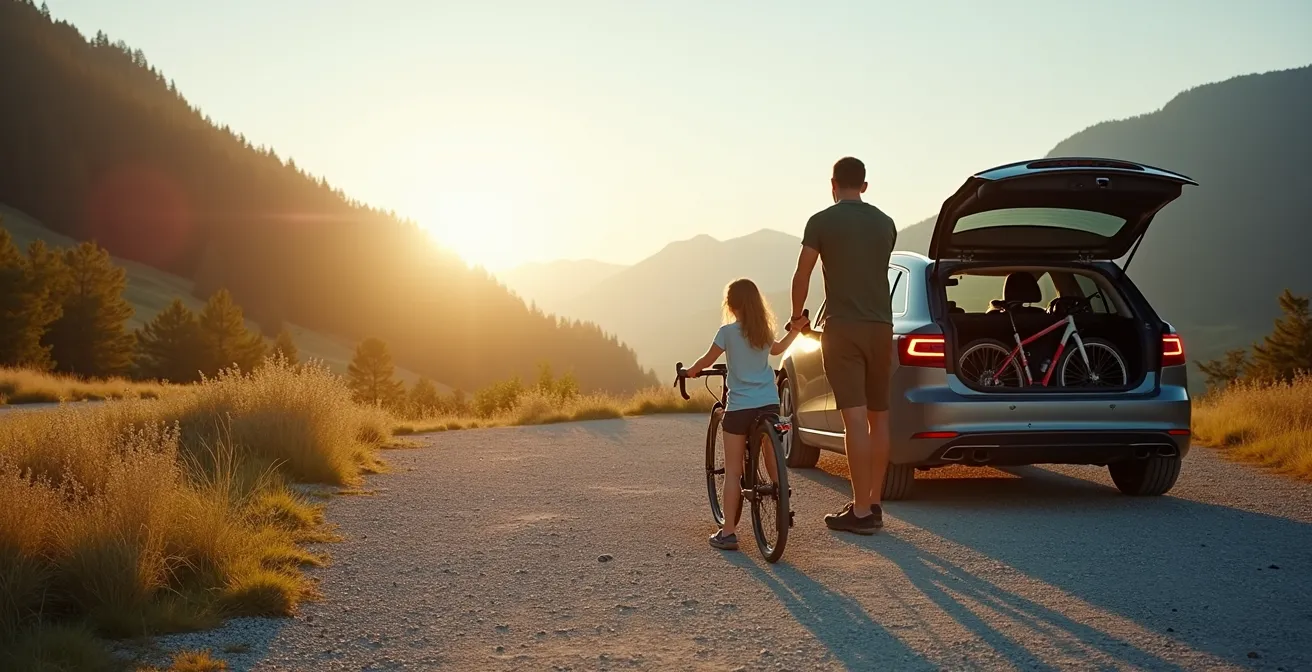 Famille déchargeant des VTT depuis leur voiture sur un parking éloigné avec vue sur la station