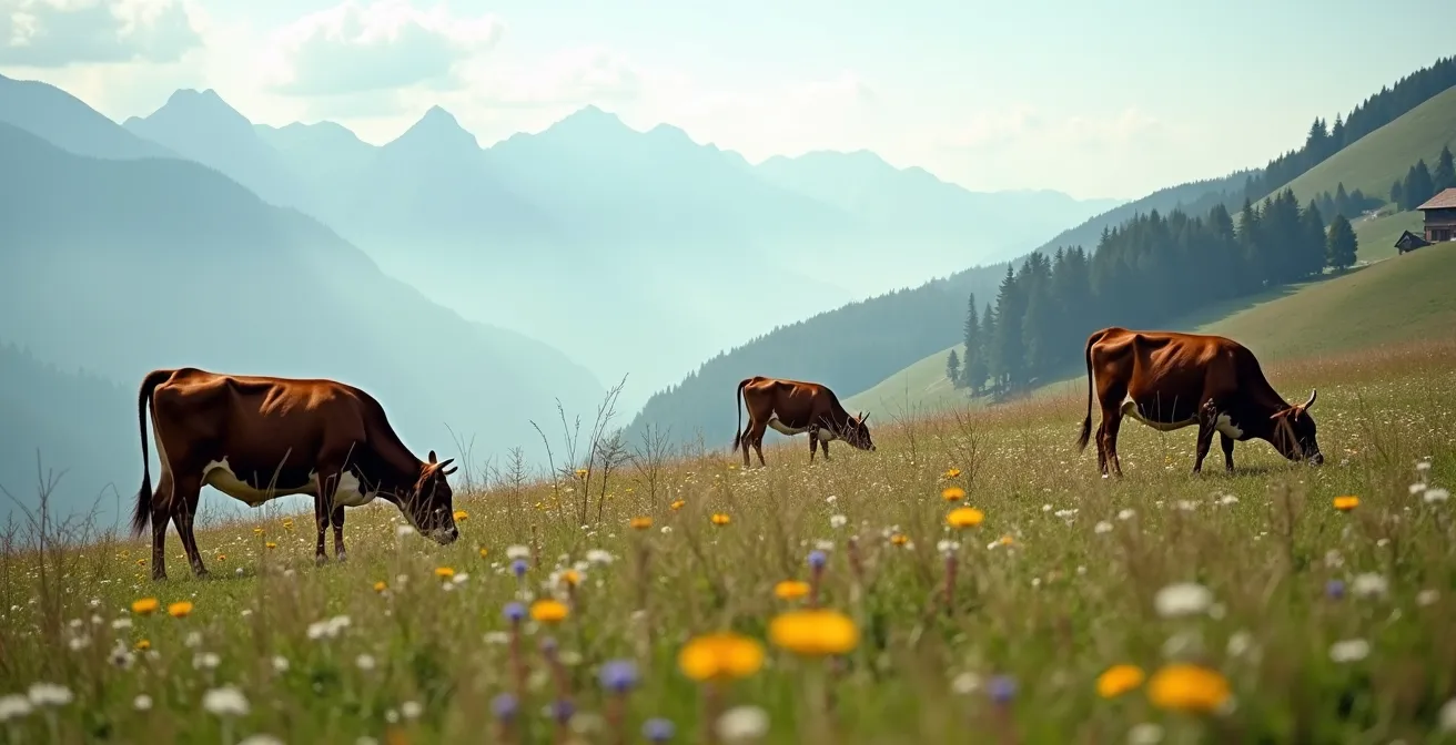 Pâturages d'altitude du Haut-Doubs avec vaches Montbéliardes broutant parmi les fleurs sauvages