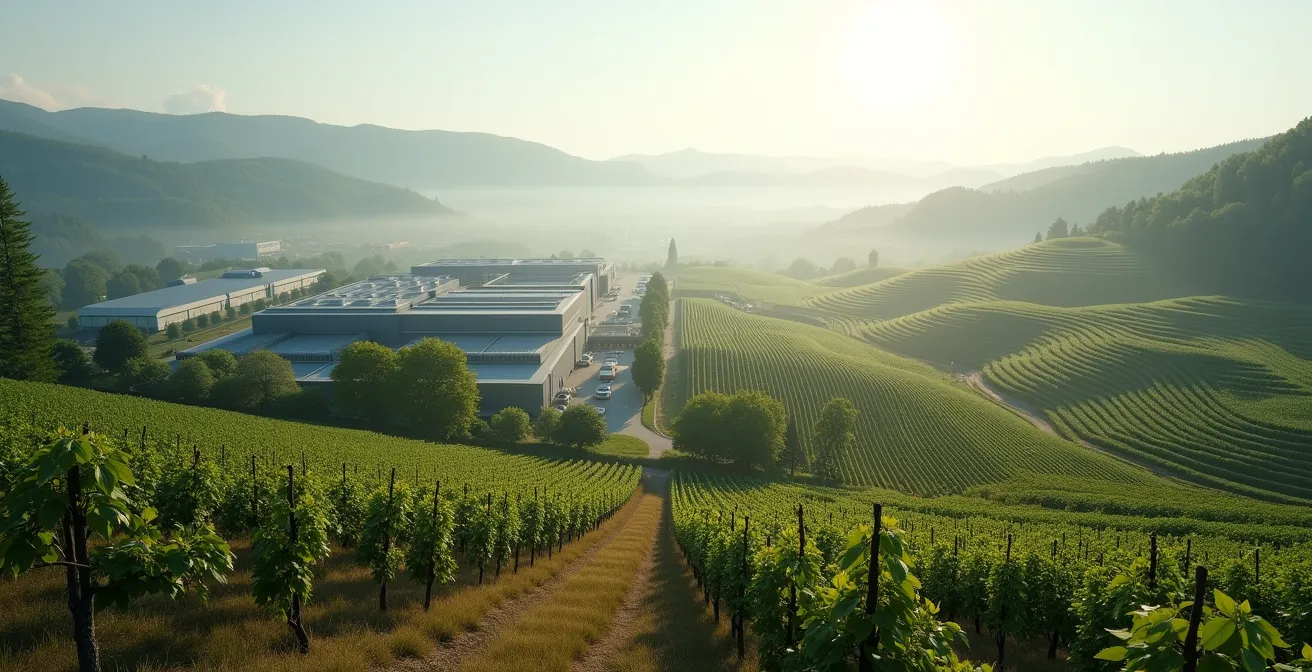 Vue aérienne montrant le contraste entre les zones industrielles du Doubs et les vignobles du Jura