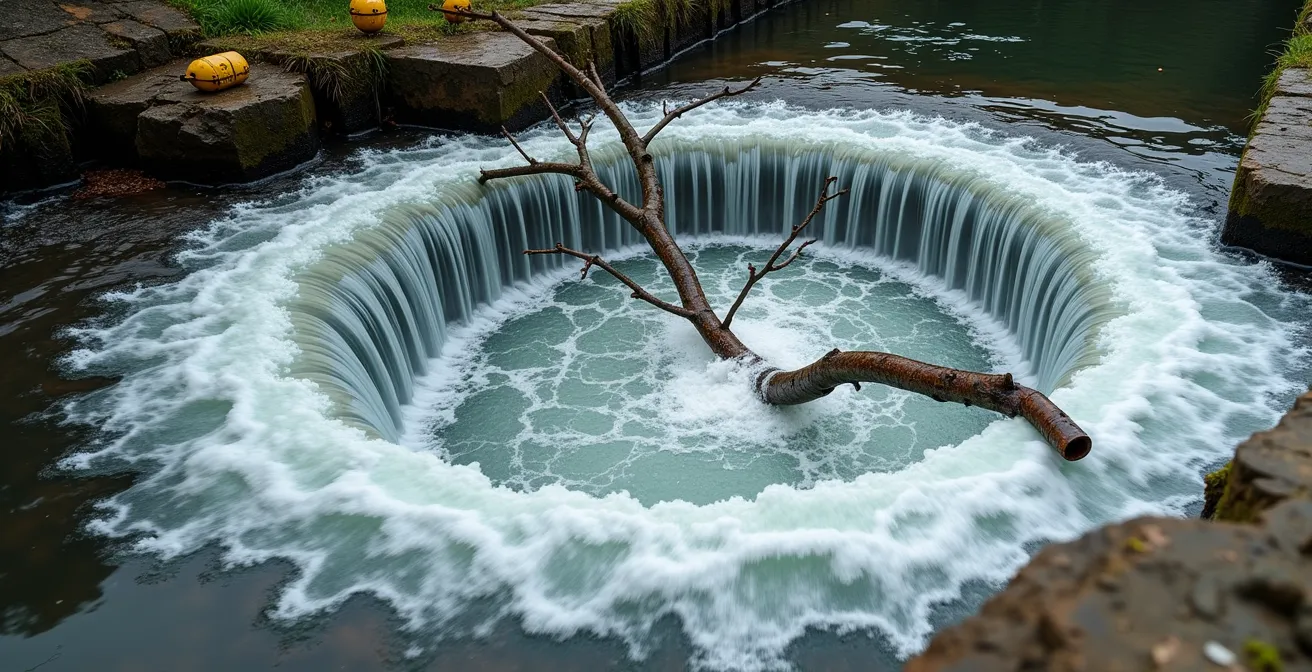 Vue latérale schématique d'un seuil de rivière montrant le dangereux tourbillon de rappel en aval