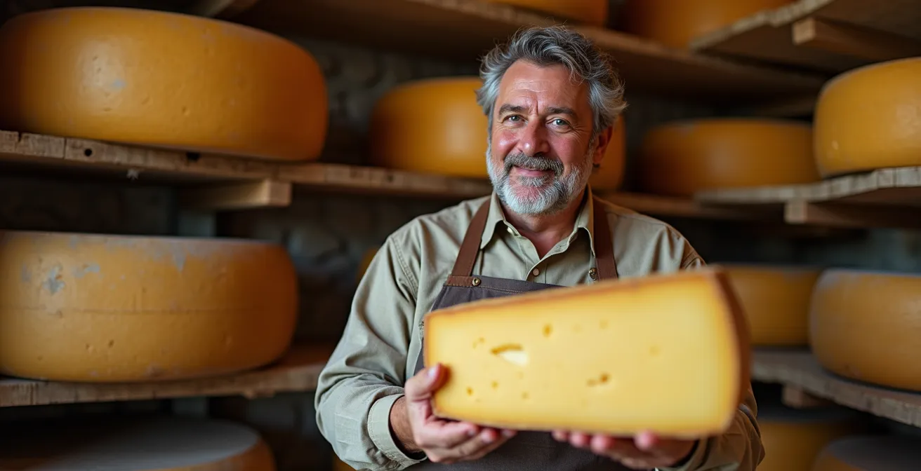 Producteur de Comté authentique avec meule entière dans sa fruitière