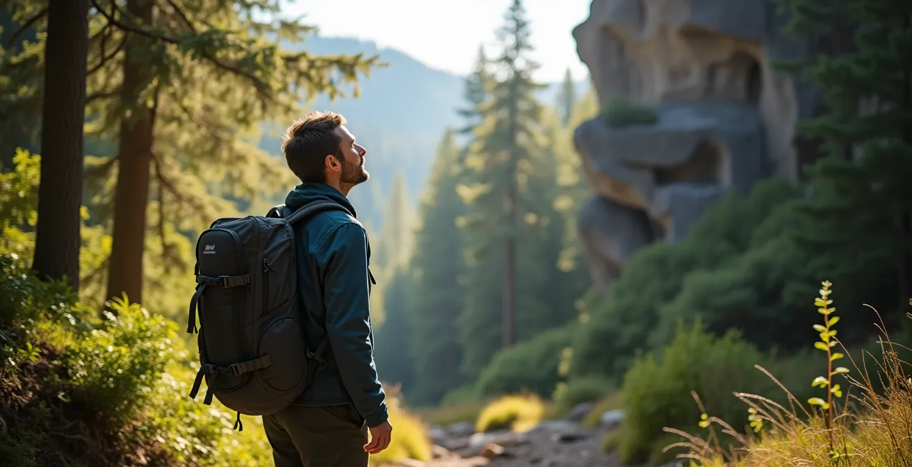 Randonneur observant attentivement les détails naturels de la forêt pour s'orienter