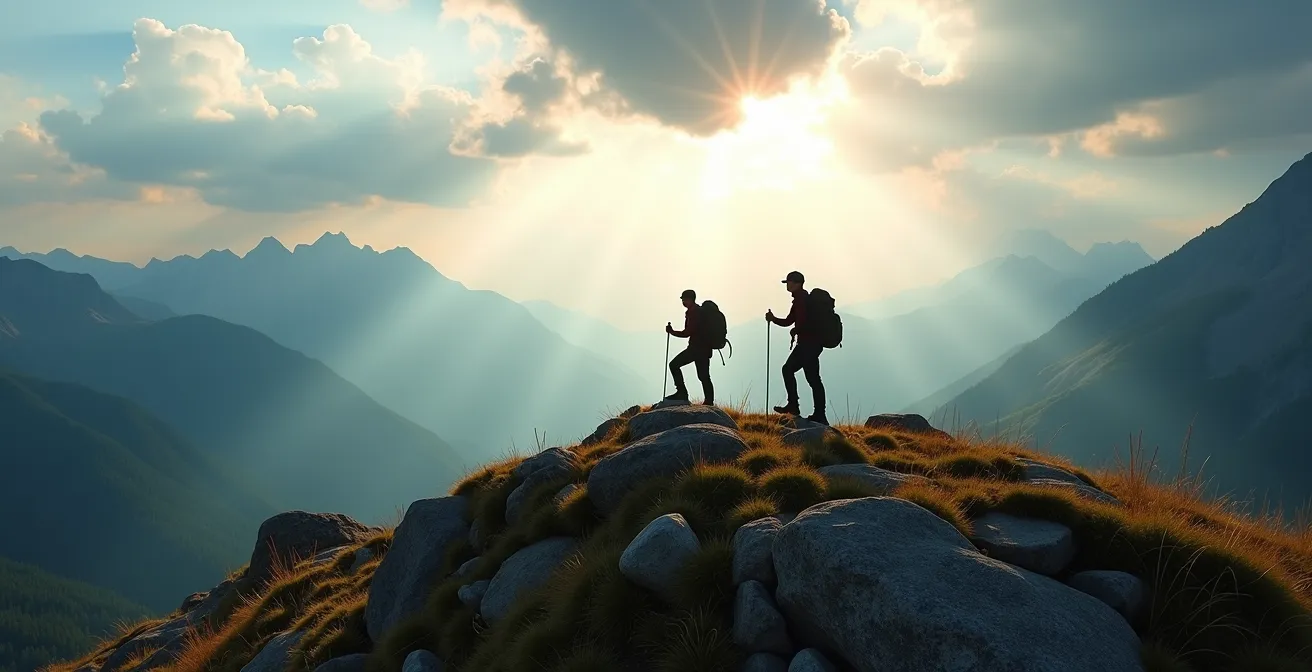 Randonneurs sur la crête du Mont d'Or avec panorama sur les Alpes au loin