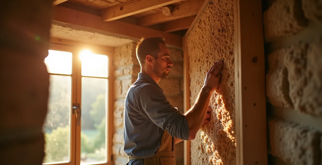 Vue intérieure d'une ferme comtoise en cours de rénovation montrant l'isolation biosourcée