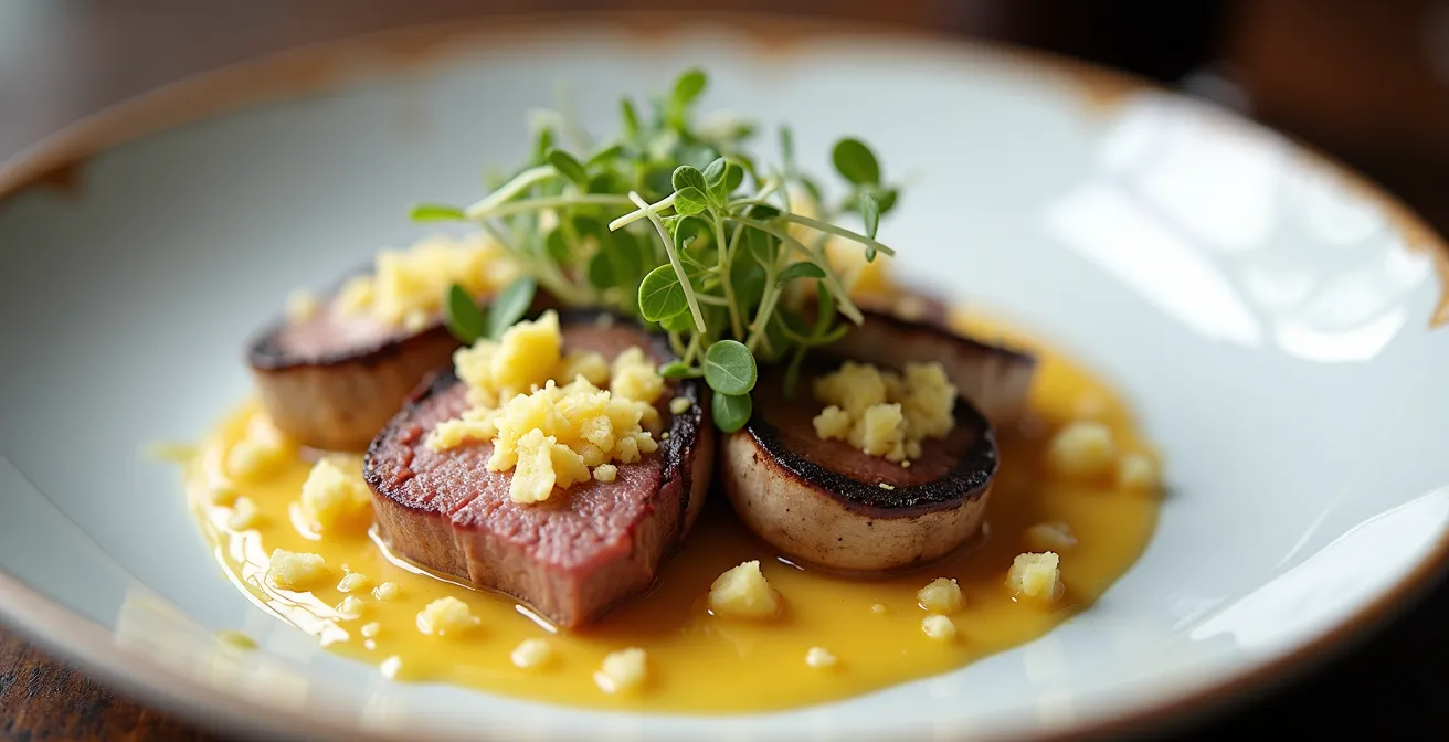 Gros plan sur une assiette gastronomique avec escalope de veau aux morilles et copeaux de Comté vieilli