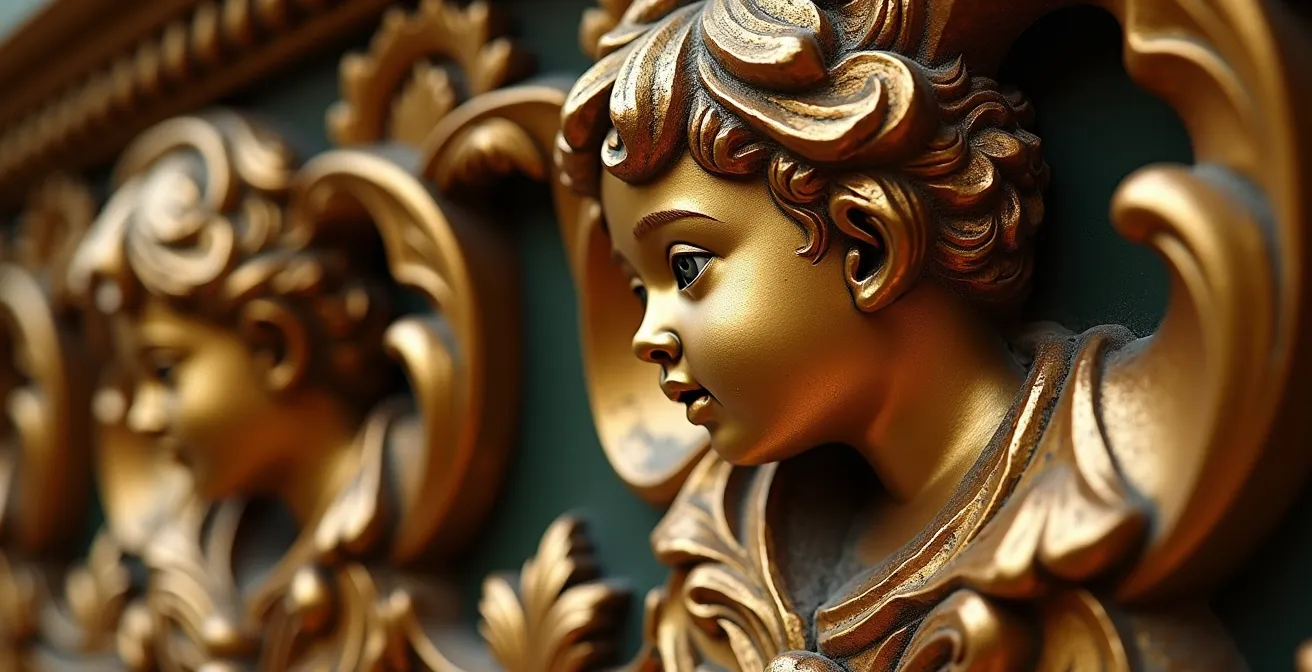 Détail macro d'un retable baroque doré avec angelots sculptés et dorures scintillantes