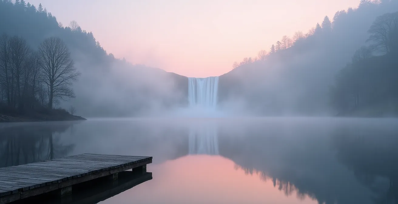 Cascade du Saut du Doubs dans la brume matinale sans touristes