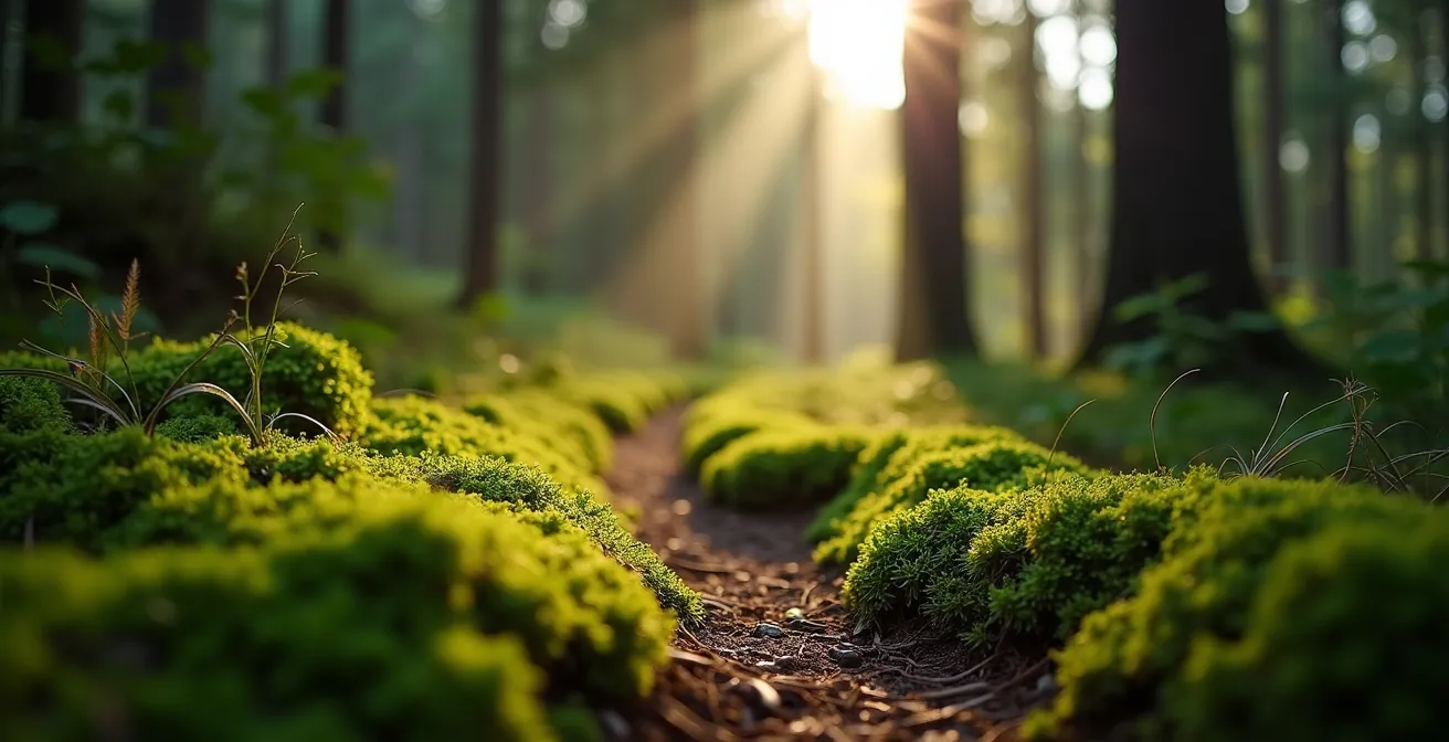 Sentier forestier discret serpentant entre les épicéas avec vue lointaine sur les montagnes