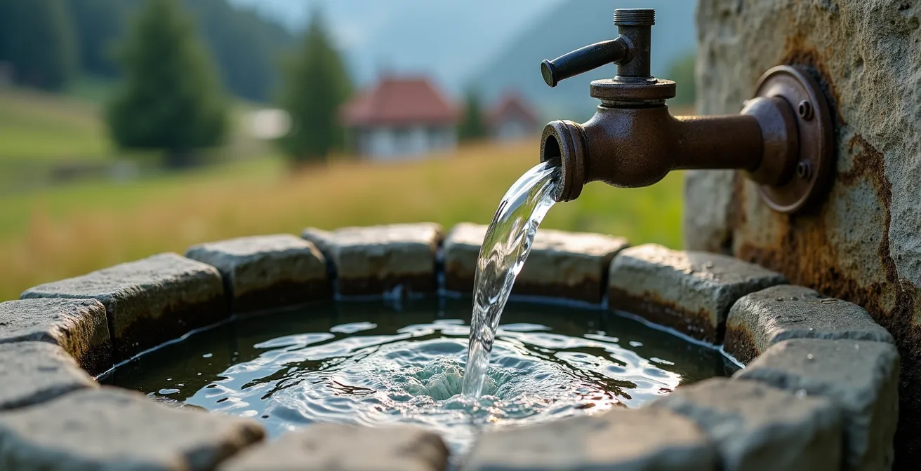 Citerne d'eau en pierre typique des alpages du Jura avec randonneur remplissant sa gourde