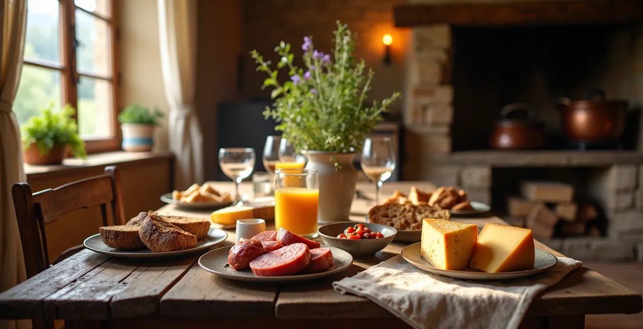 Table d'hôtes chaleureuse dans une ferme comtoise avec produits du terroir disposés sur une grande table en bois