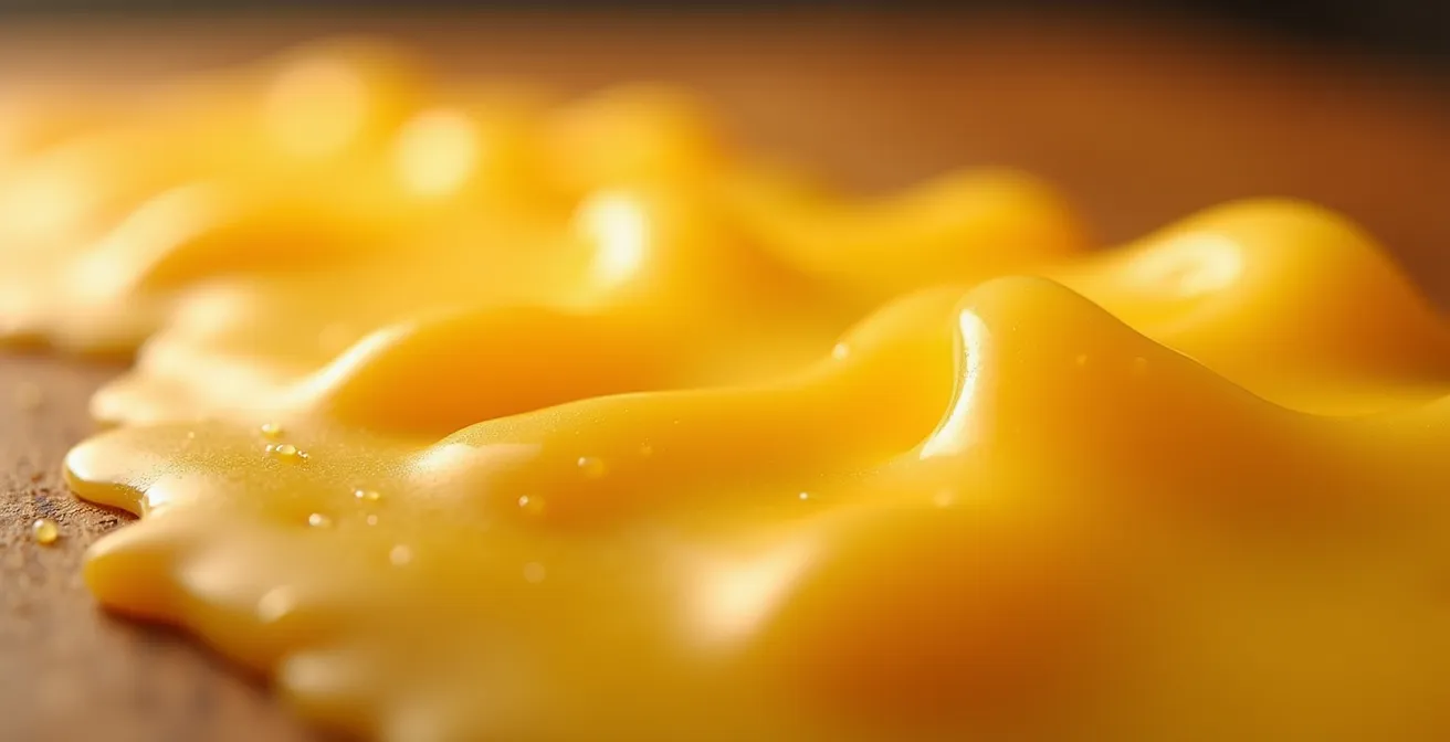 Gros plan sur du fromage fondu montrant la texture parfaite de l'émulsion