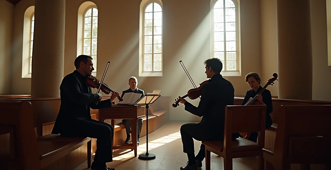 Intérieur lumineux du Temple Saint-Martin de Montbéliard avec son architecture Renaissance épurée idéale pour l'acoustique baroque