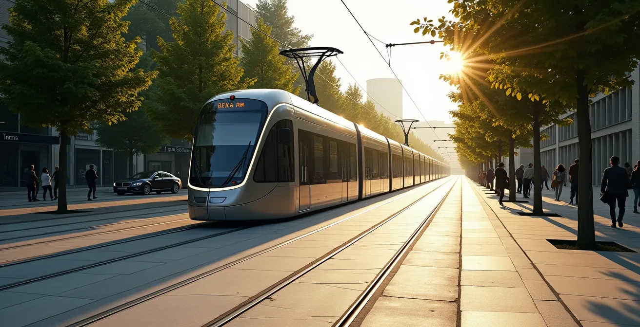 Vue en perspective du tramway de Besançon arrivant au terminus avec des passagers descendant, entouré de verdure urbaine