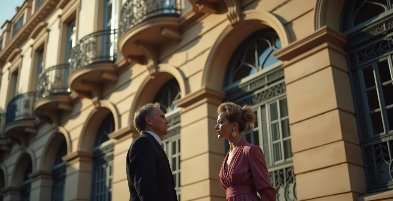Façade Art Nouveau avec détails de ferronnerie ouvragée et bow-window, lumière dorée de fin d'après-midi