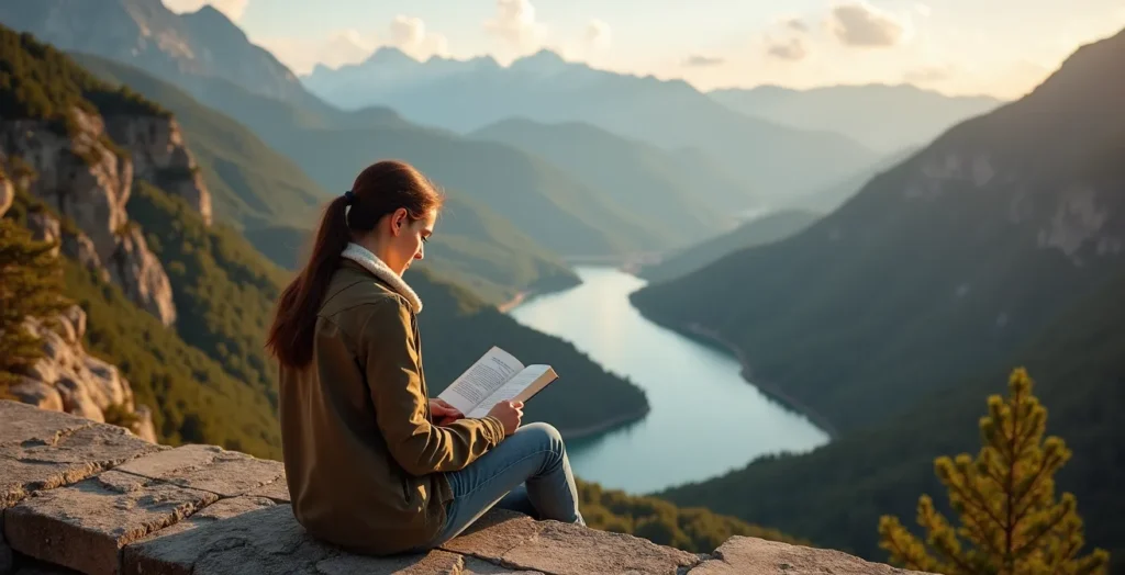 Personne lisant un livre face au panorama des lacs du Haut-Doubs depuis un belvédère naturel Personne lisant un livre face au panorama des lacs du Haut-Doubs depuis un belvédère naturel