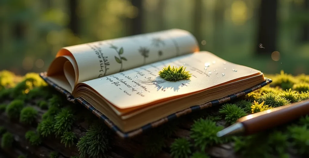 Vue rapprochée d'un carnet ouvert posé sur un tronc moussu dans une forêt de sapins, avec un stylo en bois artisanal Vue rapprochée d'un carnet ouvert posé sur un tronc moussu dans une forêt de sapins, avec un stylo en bois artisanal